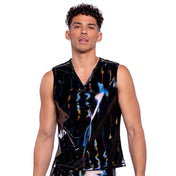 PVC vinyl polyester PU apparel top vest tanktop tank-top sleeveless v-neck breathable glistening shiny glossy zipper shoulder-zip zipper-decoration fetish fashion alt-fashion alternative cyber rave ravewear kink kinky kinkwear male masculine masc mens guys dudes black iridescent holographic 