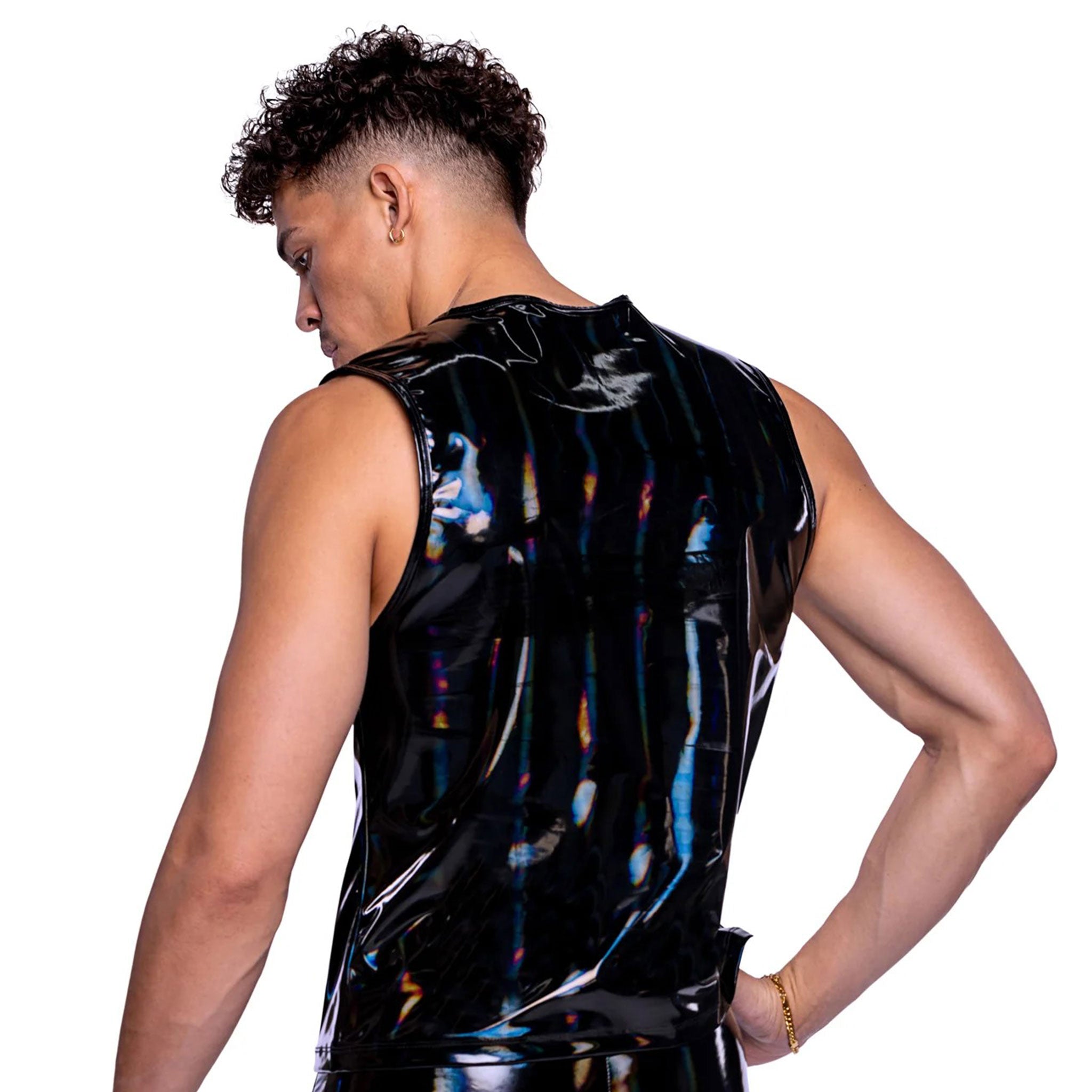 PVC vinyl polyester PU apparel top vest tanktop tank-top sleeveless v-neck breathable glistening shiny glossy zipper shoulder-zip zipper-decoration fetish fashion alt-fashion alternative cyber rave ravewear kink kinky kinkwear male masculine masc mens guys dudes black iridescent holographic 