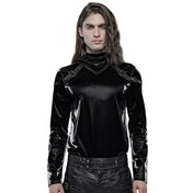 Polyester polyurethane elastane shark-skin wetlook imitation-sharkskin faux-leather apparel top shirt long-sleeve mock-turtleneck zipper shoulder-seam shoulder-zip v-shaped chevron decorative-buckles shiny glossy shimmering mesmerizing elastic smooth fetish fashion alt-fashion alternative punk goth gothic cyber cyberpunk clubbing clubwear festival rave costume cosplay halloween afterdark-collection unique male masculine masc mens menswear guys dudes black
