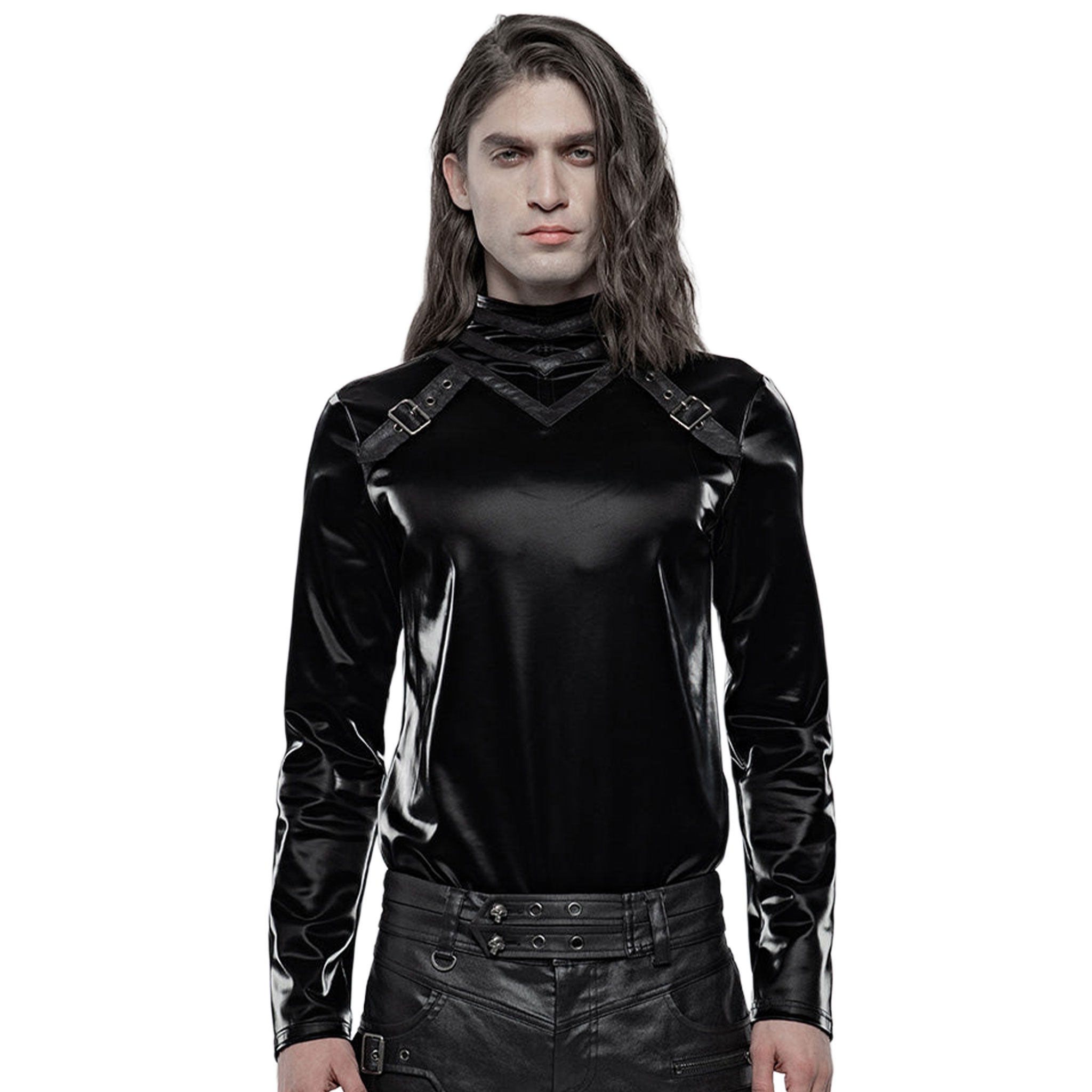 Polyester polyurethane elastane shark-skin wetlook imitation-sharkskin faux-leather apparel top shirt long-sleeve mock-turtleneck zipper shoulder-seam shoulder-zip v-shaped chevron decorative-buckles shiny glossy shimmering mesmerizing elastic smooth fetish fashion alt-fashion alternative punk goth gothic cyber cyberpunk clubbing clubwear festival rave costume cosplay halloween afterdark-collection unique male masculine masc mens menswear guys dudes black