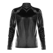 Polyester polyurethane elastane shark-skin wetlook imitation-sharkskin faux-leather apparel top shirt long-sleeve mock-turtleneck zipper shoulder-seam shoulder-zip v-shaped chevron decorative-buckles shiny glossy shimmering mesmerizing elastic smooth fetish fashion alt-fashion alternative punk goth gothic cyber cyberpunk clubbing clubwear festival rave costume cosplay halloween afterdark-collection unique male masculine masc mens menswear guys dudes black
