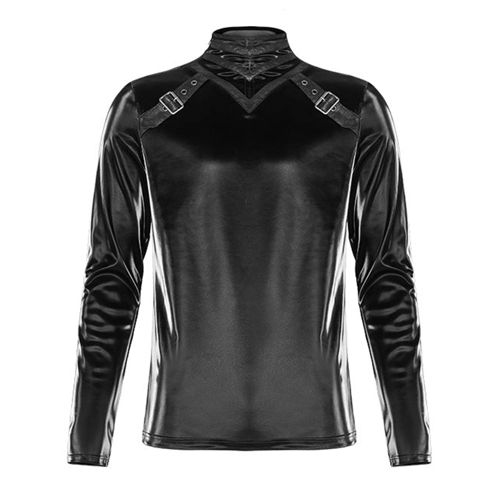 Polyester polyurethane elastane shark-skin wetlook imitation-sharkskin faux-leather apparel top shirt long-sleeve mock-turtleneck zipper shoulder-seam shoulder-zip v-shaped chevron decorative-buckles shiny glossy shimmering mesmerizing elastic smooth fetish fashion alt-fashion alternative punk goth gothic cyber cyberpunk clubbing clubwear festival rave costume cosplay halloween afterdark-collection unique male masculine masc mens menswear guys dudes black