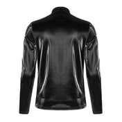 Polyester polyurethane elastane shark-skin wetlook imitation-sharkskin faux-leather apparel top shirt long-sleeve mock-turtleneck zipper shoulder-seam shoulder-zip v-shaped chevron decorative-buckles shiny glossy shimmering mesmerizing elastic smooth fetish fashion alt-fashion alternative punk goth gothic cyber cyberpunk clubbing clubwear festival rave costume cosplay halloween afterdark-collection unique male masculine masc mens menswear guys dudes black