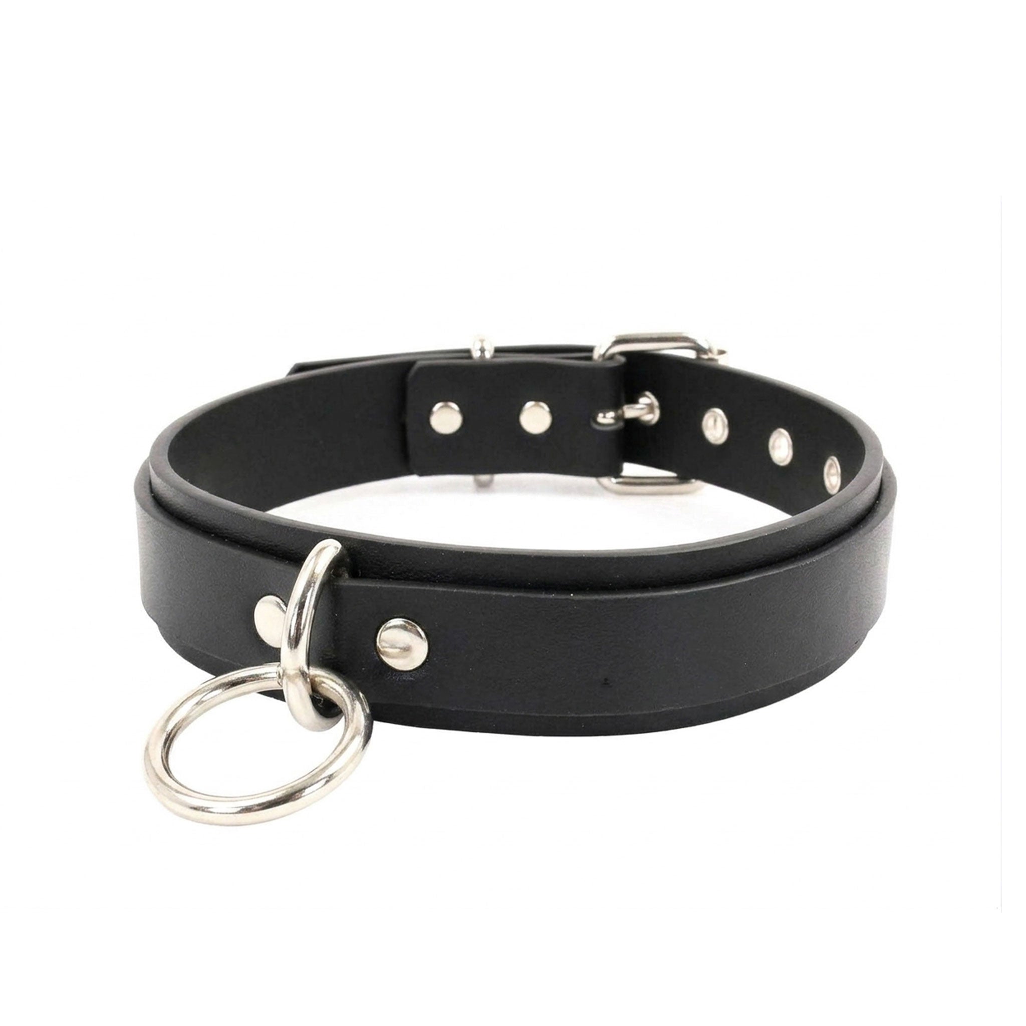 Leather vegan-leather grommets accessories neckwear collar choker double-layer dual-layer O-ring pentagonal-ring pentagon-ring adjustable buckle roller-buckle matte-finish fetish fashion alt-fashion alternative punk rock goth gothic bondage bondage-collar bdsm bdsm-gear bdsm-toys bdsm-fashion kink kinky kinkwear kinky-toys kinky-play pet-play pet-training costume cosplay halloween gifts unisex adult-toys black