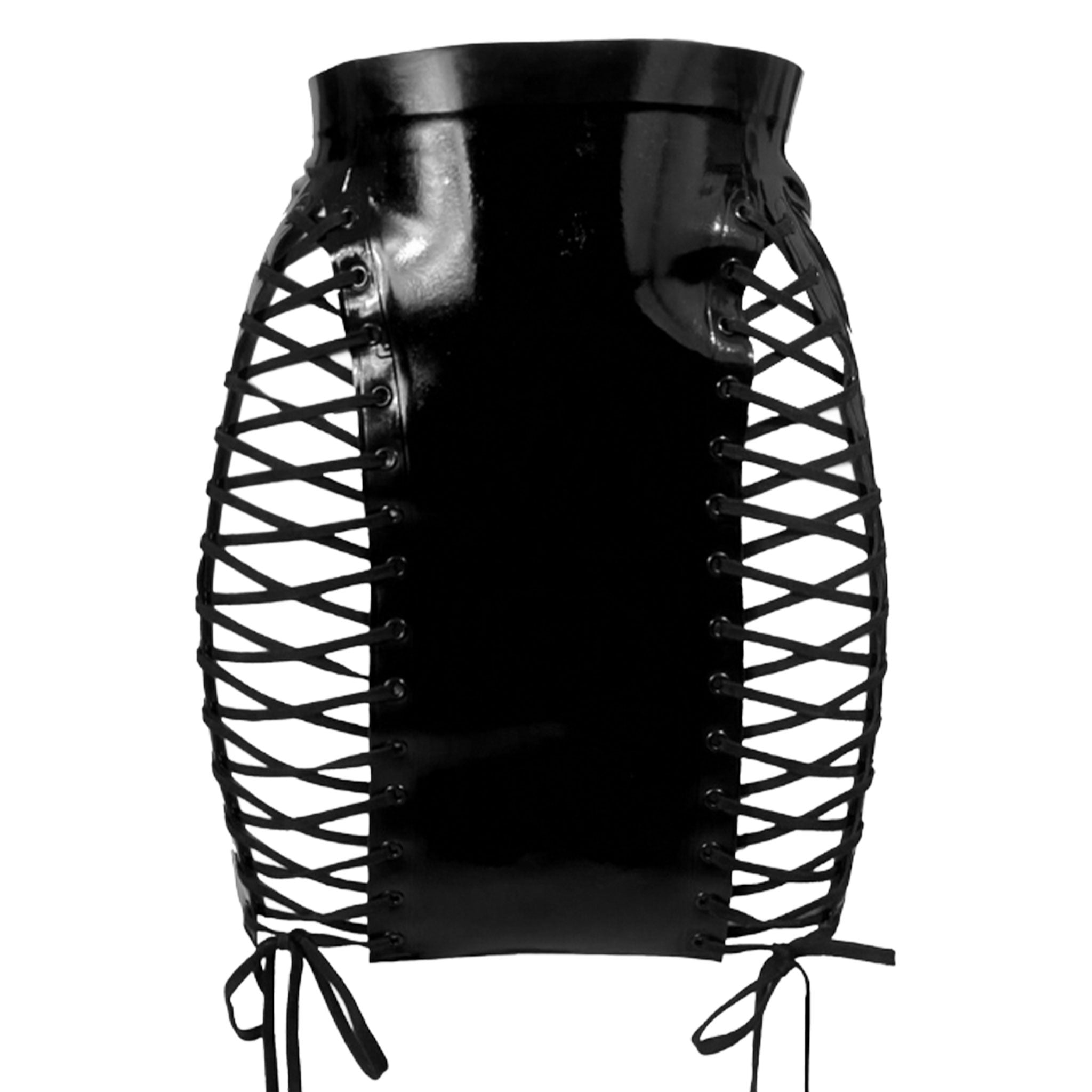 Latex rubber nylon-cording grommets apparel bottoms skirt midi-skirt high-waist thigh-slit V-cut adjustable lace-up lacing peekaboo peek-a-boo zipper back-zip half-zip shiny glossy sleek bodycon fetish fashion alt-fashion alternative punk goth gothic cyber cyberpunk festival bedroom dungeon clubbing bondage bdsm bdsm-fashion kink kinky kinkwear costume cosplay halloween house-of-harlot female femme feminine womens black
