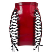 Latex rubber nylon-cording grommets apparel bottoms skirt midi-skirt high-waist thigh-slit V-cut adjustable lace-up lacing peekaboo peek-a-boo zipper back-zip half-zip shiny glossy sleek bodycon fetish fashion alt-fashion alternative punk goth gothic cyber cyberpunk festival bedroom dungeon clubbing bondage bdsm bdsm-fashion kink kinky kinkwear costume cosplay halloween house-of-harlot female femme feminine womens red blood-red transparent