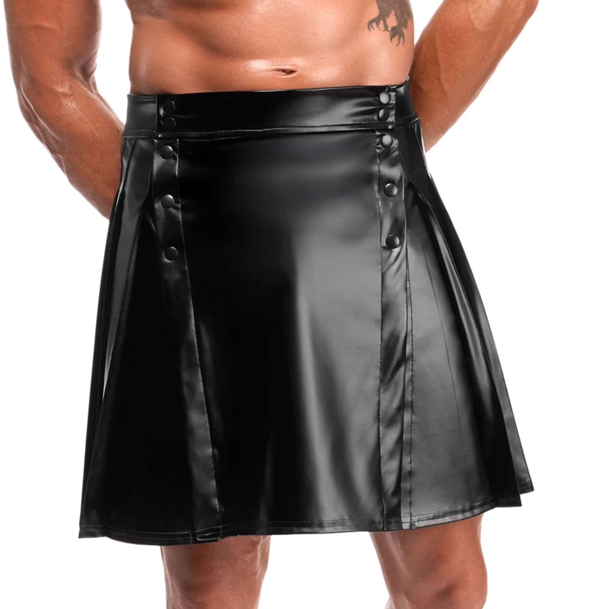 Wetlook power-wetlook apparel bottoms skirt kilt above-knee knee-length high-waist lining side-pleats front-closure press-stud snap-button shiny matte-finish soft comfortable hand-stitched unrestrictive sleek fetish fashion alt-fashion alternative punk goth gothic bedroom dungeon dancewear avant-garde streetwear bondage bdsm bdsm-fashion kink kinky kinkwear roleplay role-play highlander warrior gladiator costume cosplay halloween noir-collection male masculine mens menswear guys dudes gender-affirming black