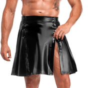 Wetlook power-wetlook apparel bottoms skirt kilt above-knee knee-length high-waist lining side-pleats front-closure press-stud snap-button shiny matte-finish soft comfortable hand-stitched unrestrictive sleek fetish fashion alt-fashion alternative punk goth gothic bedroom dungeon dancewear avant-garde streetwear bondage bdsm bdsm-fashion kink kinky kinkwear roleplay role-play highlander warrior gladiator costume cosplay halloween noir-collection male masculine mens menswear guys dudes gender-affirming black