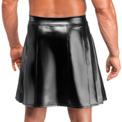 Wetlook power-wetlook apparel bottoms skirt kilt above-knee knee-length high-waist lining side-pleats front-closure press-stud snap-button shiny matte-finish soft comfortable hand-stitched unrestrictive sleek fetish fashion alt-fashion alternative punk goth gothic bedroom dungeon dancewear avant-garde streetwear bondage bdsm bdsm-fashion kink kinky kinkwear roleplay role-play highlander warrior gladiator costume cosplay halloween noir-collection male masculine mens menswear guys dudes gender-affirming black