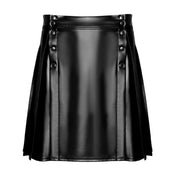 Wetlook power-wetlook apparel bottoms skirt kilt above-knee knee-length high-waist lining side-pleats front-closure press-stud snap-button shiny matte-finish soft comfortable hand-stitched unrestrictive sleek fetish fashion alt-fashion alternative punk goth gothic bedroom dungeon dancewear avant-garde streetwear bondage bdsm bdsm-fashion kink kinky kinkwear roleplay role-play highlander warrior gladiator costume cosplay halloween noir-collection male masculine mens menswear guys dudes gender-affirming black