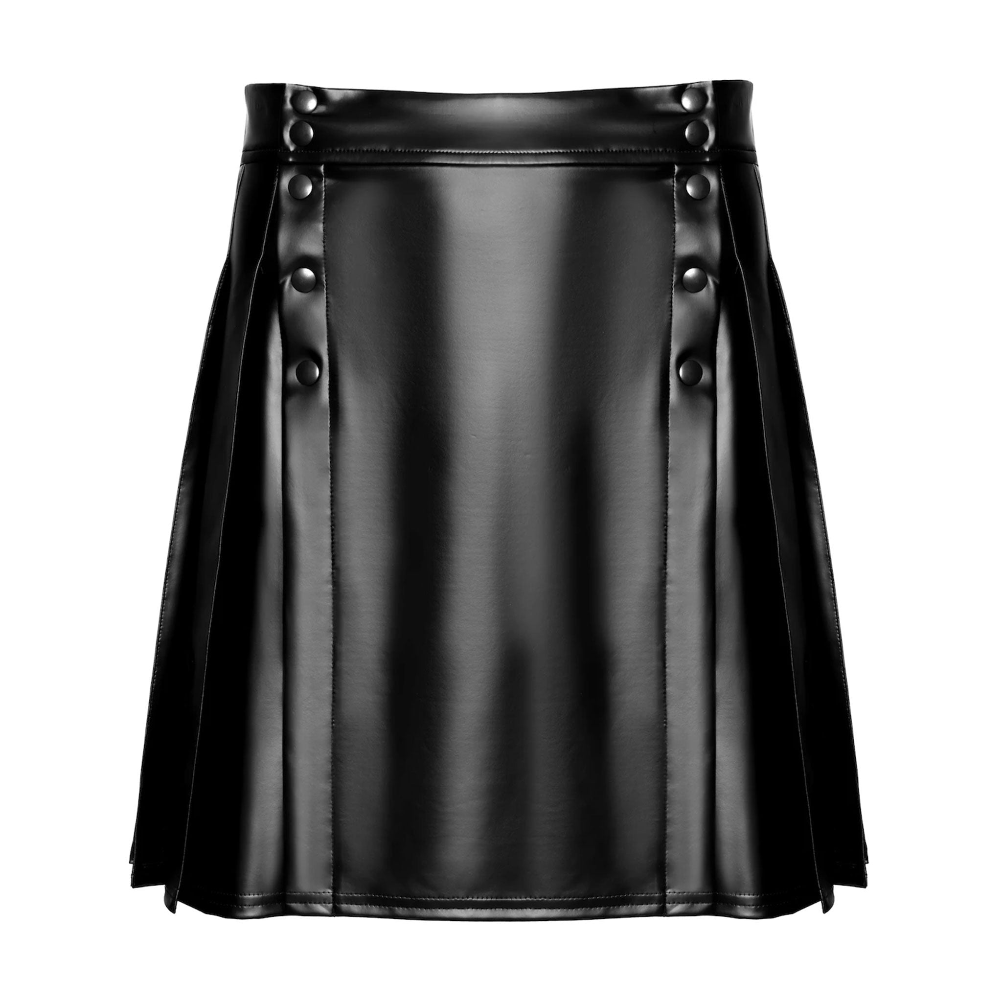 Wetlook power-wetlook apparel bottoms skirt kilt above-knee knee-length high-waist lining side-pleats front-closure press-stud snap-button shiny matte-finish soft comfortable hand-stitched unrestrictive sleek fetish fashion alt-fashion alternative punk goth gothic bedroom dungeon dancewear avant-garde streetwear bondage bdsm bdsm-fashion kink kinky kinkwear roleplay role-play highlander warrior gladiator costume cosplay halloween noir-collection male masculine mens menswear guys dudes gender-affirming black