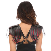 Leather vegan-leather faux-leather metallic chrome accessories harness chest-harness body-harness epaulets shoulder-epaulets fringe x-harness O-ring adjustable-straps buckle sleeveless fetish fashion alt-fashion punk festival rave reavewear raver-babe clubwear dancewear kink kinky kinkwear costume cosplay halloween halloween-accessories female femme feminine womens black red