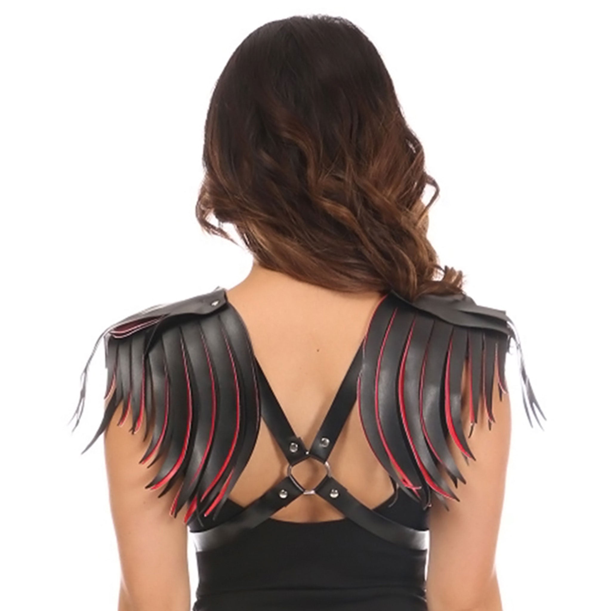 Leather vegan-leather faux-leather metallic chrome accessories harness chest-harness body-harness epaulets shoulder-epaulets fringe x-harness O-ring adjustable-straps buckle sleeveless fetish fashion alt-fashion punk festival rave reavewear raver-babe clubwear dancewear kink kinky kinkwear costume cosplay halloween halloween-accessories female femme feminine womens black red