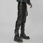 vegan leather bondage pants punk rave skull button zip closure detachable strap faux leather black gothic pants alternative fashion edgy streetwear dark goth clothing