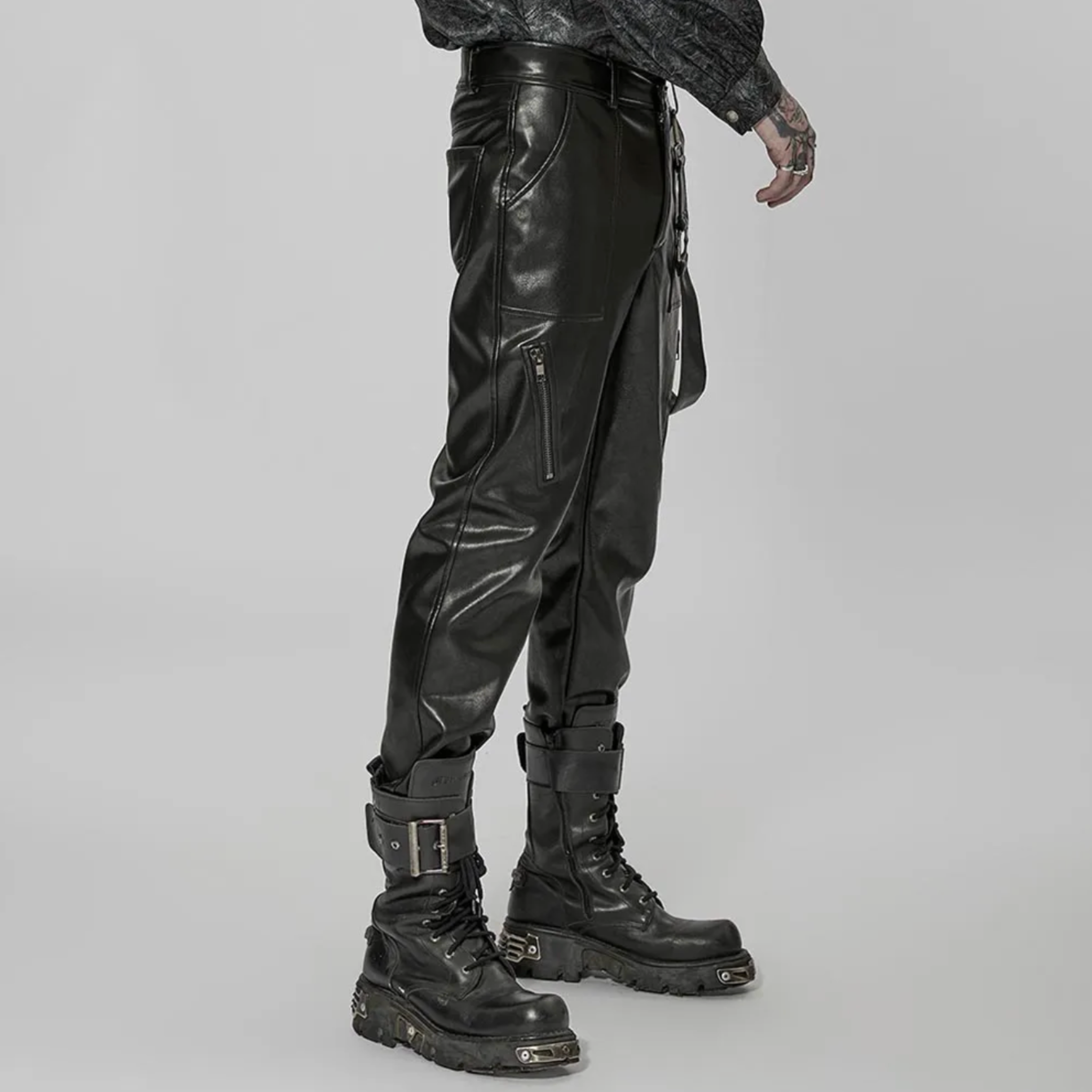 vegan leather bondage pants punk rave skull button zip closure detachable strap faux leather black gothic pants alternative fashion edgy streetwear dark goth clothing