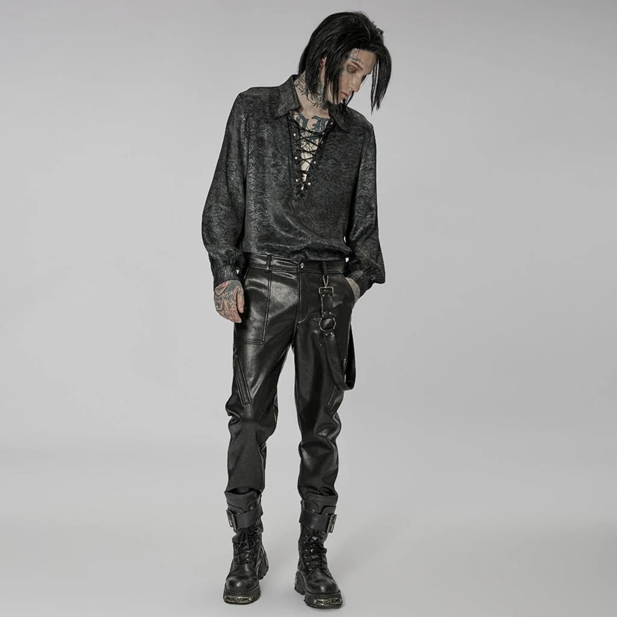 vegan leather bondage pants punk rave skull button zip closure detachable strap faux leather black gothic pants alternative fashion edgy streetwear dark goth clothing