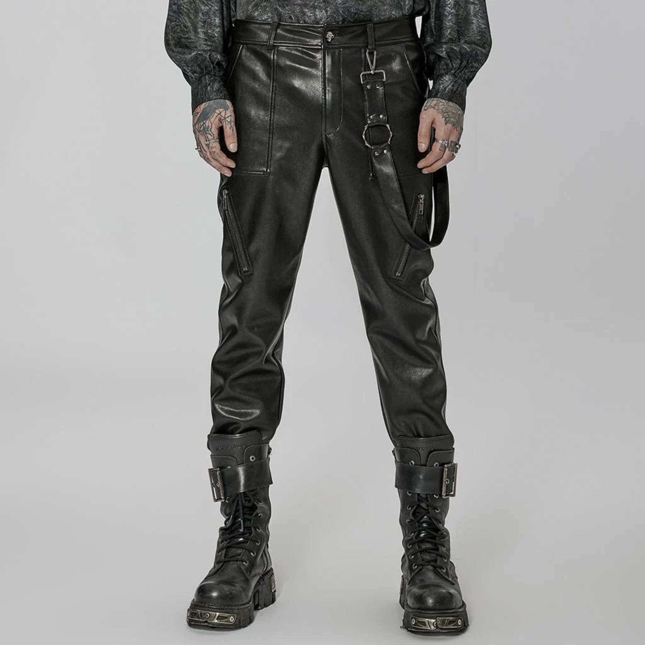 vegan leather bondage pants punk rave skull button zip closure detachable strap faux leather black gothic pants alternative fashion edgy streetwear dark goth clothing