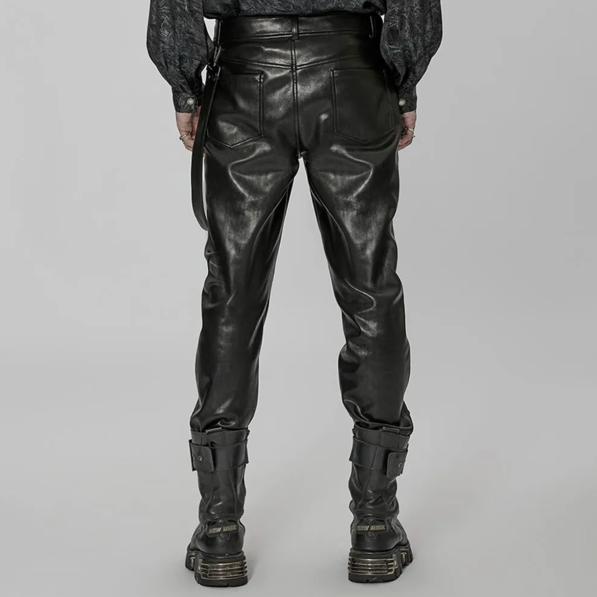 vegan leather bondage pants punk rave skull button zip closure detachable strap faux leather black gothic pants alternative fashion edgy streetwear dark goth clothing