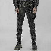 Leather vegan-leather faux-leather imitation-leather micro-elastic PVC vinyl cotton-lining apparel bottoms pants trousers skull-button zipper front-zip crotch-zip leg-zip pocket-zip detachable-straps removable side-lop spring-clip slash-pocket belt-loops edgy dark durable fetish fashion alt-fashion alternative punk goth gothic rocker streetwear everyday casual rave ravewear bondage bdsm bdsm-fashion bondage-fashion afterdark afterdark-collection male masculine masc mens menswear guys dudes black