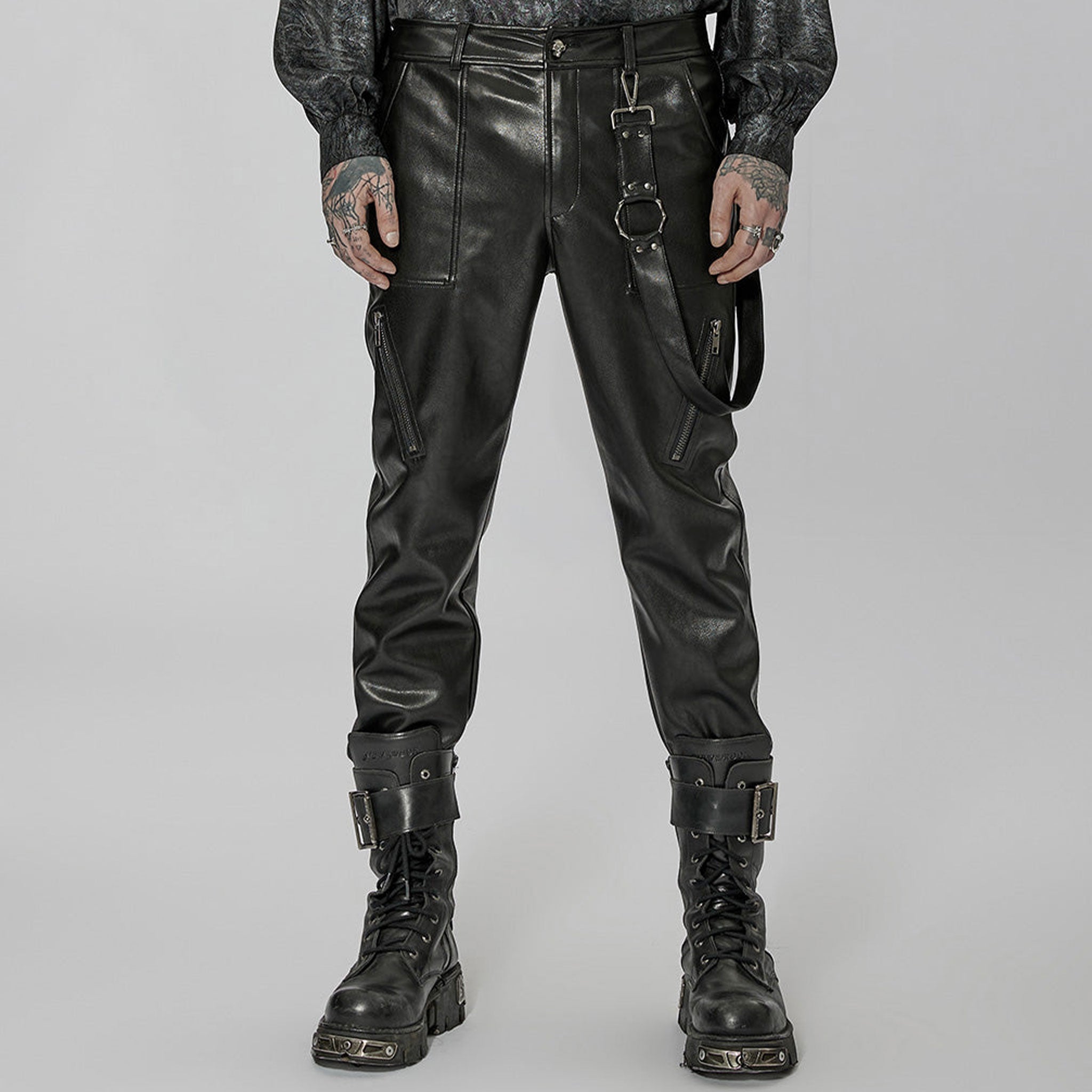 Leather vegan-leather faux-leather imitation-leather micro-elastic PVC vinyl cotton-lining apparel bottoms pants trousers skull-button zipper front-zip crotch-zip leg-zip pocket-zip detachable-straps removable side-lop spring-clip slash-pocket belt-loops edgy dark durable fetish fashion alt-fashion alternative punk goth gothic rocker streetwear everyday casual rave ravewear bondage bdsm bdsm-fashion bondage-fashion afterdark afterdark-collection male masculine masc mens menswear guys dudes black