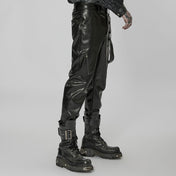 Leather vegan-leather faux-leather imitation-leather micro-elastic PVC vinyl cotton-lining apparel bottoms pants trousers skull-button zipper front-zip crotch-zip leg-zip pocket-zip detachable-straps removable side-lop spring-clip slash-pocket belt-loops edgy dark durable fetish fashion alt-fashion alternative punk goth gothic rocker streetwear everyday casual rave ravewear bondage bdsm bdsm-fashion bondage-fashion afterdark afterdark-collection male masculine masc mens menswear guys dudes black