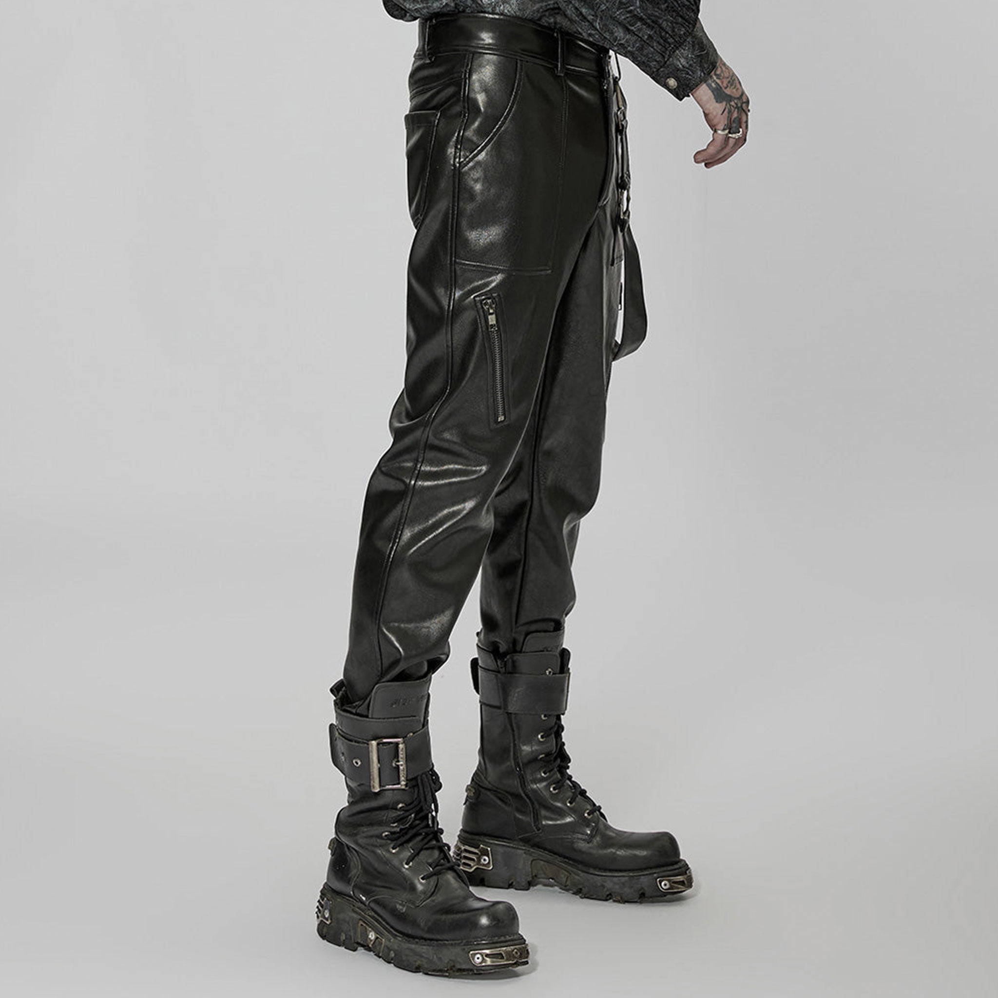 Leather vegan-leather faux-leather imitation-leather micro-elastic PVC vinyl cotton-lining apparel bottoms pants trousers skull-button zipper front-zip crotch-zip leg-zip pocket-zip detachable-straps removable side-lop spring-clip slash-pocket belt-loops edgy dark durable fetish fashion alt-fashion alternative punk goth gothic rocker streetwear everyday casual rave ravewear bondage bdsm bdsm-fashion bondage-fashion afterdark afterdark-collection male masculine masc mens menswear guys dudes black