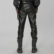 Leather vegan-leather faux-leather imitation-leather micro-elastic PVC vinyl cotton-lining apparel bottoms pants trousers skull-button zipper front-zip crotch-zip leg-zip pocket-zip detachable-straps removable side-lop spring-clip slash-pocket belt-loops edgy dark durable fetish fashion alt-fashion alternative punk goth gothic rocker streetwear everyday casual rave ravewear bondage bdsm bdsm-fashion bondage-fashion afterdark afterdark-collection male masculine masc mens menswear guys dudes black
