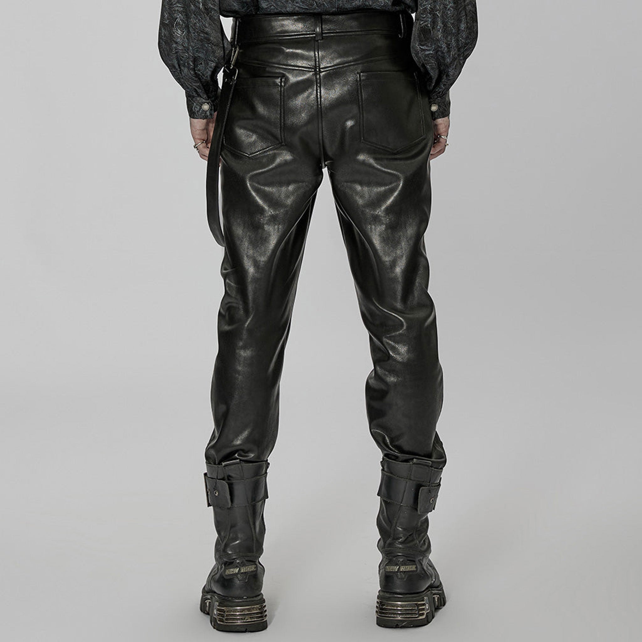 Leather vegan-leather faux-leather imitation-leather micro-elastic PVC vinyl cotton-lining apparel bottoms pants trousers skull-button zipper front-zip crotch-zip leg-zip pocket-zip detachable-straps removable side-lop spring-clip slash-pocket belt-loops edgy dark durable fetish fashion alt-fashion alternative punk goth gothic rocker streetwear everyday casual rave ravewear bondage bdsm bdsm-fashion bondage-fashion afterdark afterdark-collection male masculine masc mens menswear guys dudes black