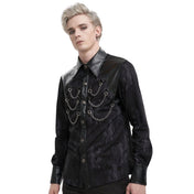 Polyester cotton leather vegan-leather synthetic-leather apparel top shirt dress-shirt long-sleeve longsleeve sleeves sleeved collared distressed-pattern chains hanging-chains removable detachable snap-button press-stud button-placket button-up fetish fashion alt-fashion goth gothic punk clubwear party costume cosplay halloween male masculine masc mens menswear guys dudes black