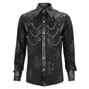 Polyester cotton leather vegan-leather synthetic-leather apparel top shirt dress-shirt long-sleeve longsleeve sleeves sleeved collared distressed-pattern chains hanging-chains removable detachable snap-button press-stud button-placket button-up fetish fashion alt-fashion goth gothic punk clubwear party costume cosplay halloween male masculine masc mens menswear guys dudes black