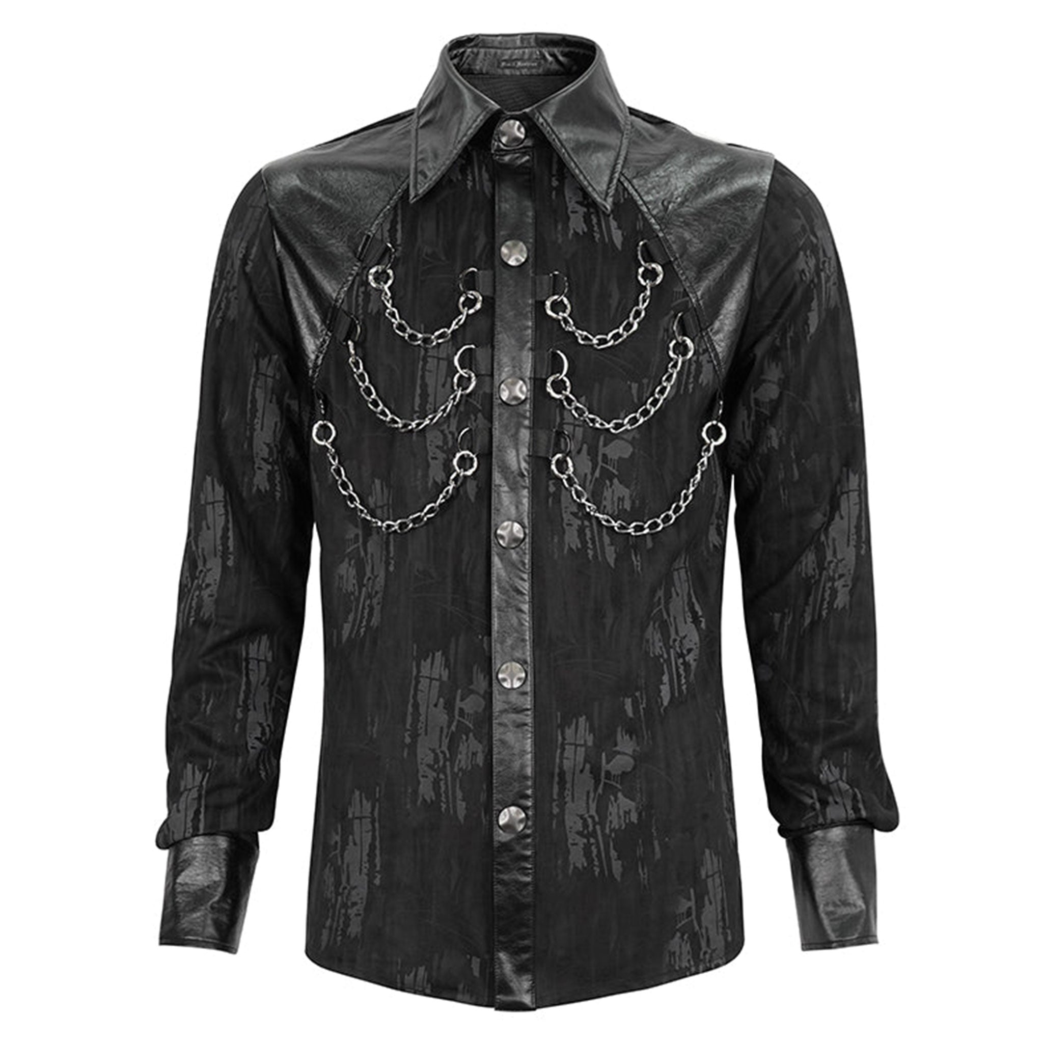 Polyester cotton leather vegan-leather synthetic-leather apparel top shirt dress-shirt long-sleeve longsleeve sleeves sleeved collared distressed-pattern chains hanging-chains removable detachable snap-button press-stud button-placket button-up fetish fashion alt-fashion goth gothic punk clubwear party costume cosplay halloween male masculine masc mens menswear guys dudes black