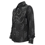Polyester cotton leather vegan-leather synthetic-leather apparel top shirt dress-shirt long-sleeve longsleeve sleeves sleeved collared distressed-pattern chains hanging-chains removable detachable snap-button press-stud button-placket button-up fetish fashion alt-fashion goth gothic punk clubwear party costume cosplay halloween male masculine masc mens menswear guys dudes black