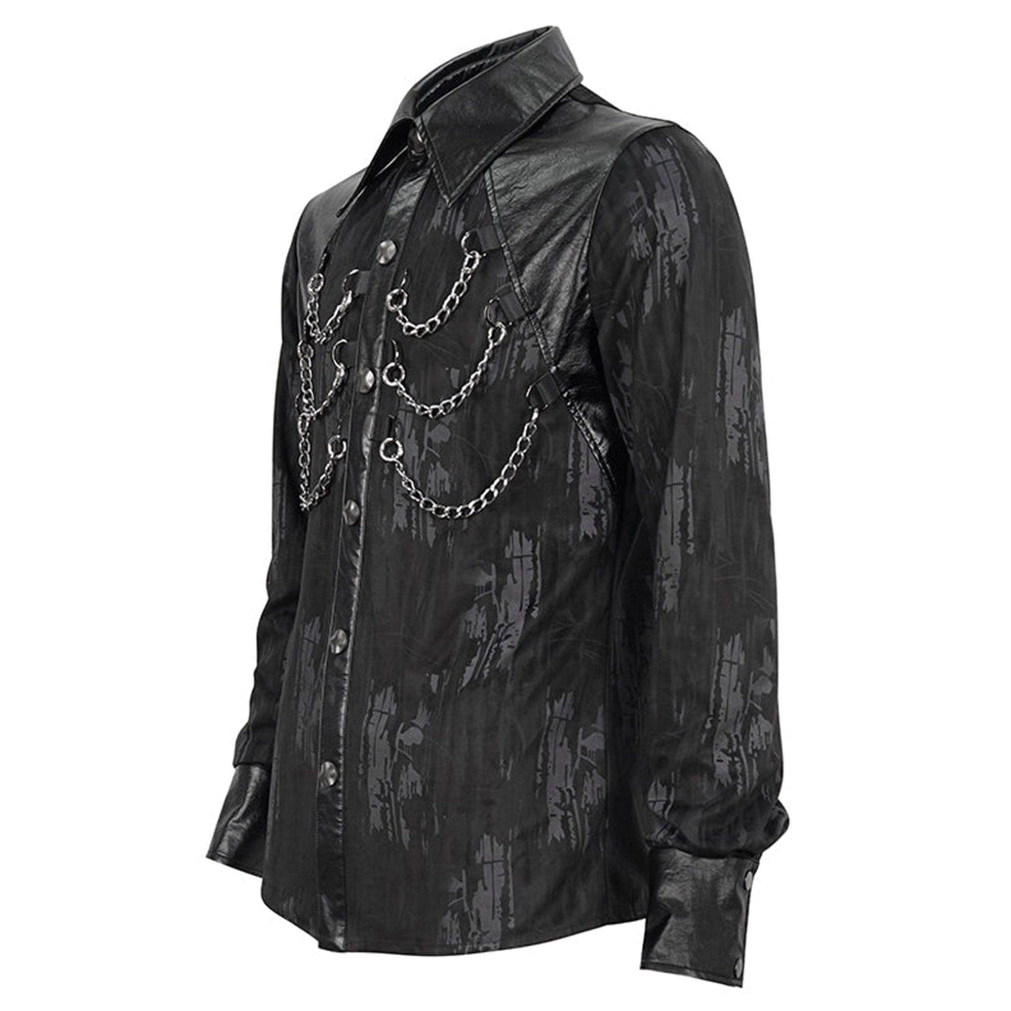 Polyester cotton leather vegan-leather synthetic-leather apparel top shirt dress-shirt long-sleeve longsleeve sleeves sleeved collared distressed-pattern chains hanging-chains removable detachable snap-button press-stud button-placket button-up fetish fashion alt-fashion goth gothic punk clubwear party costume cosplay halloween male masculine masc mens menswear guys dudes black