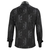 Polyester cotton leather vegan-leather synthetic-leather apparel top shirt dress-shirt long-sleeve longsleeve sleeves sleeved collared distressed-pattern chains hanging-chains removable detachable snap-button press-stud button-placket button-up fetish fashion alt-fashion goth gothic punk clubwear party costume cosplay halloween male masculine masc mens menswear guys dudes black
