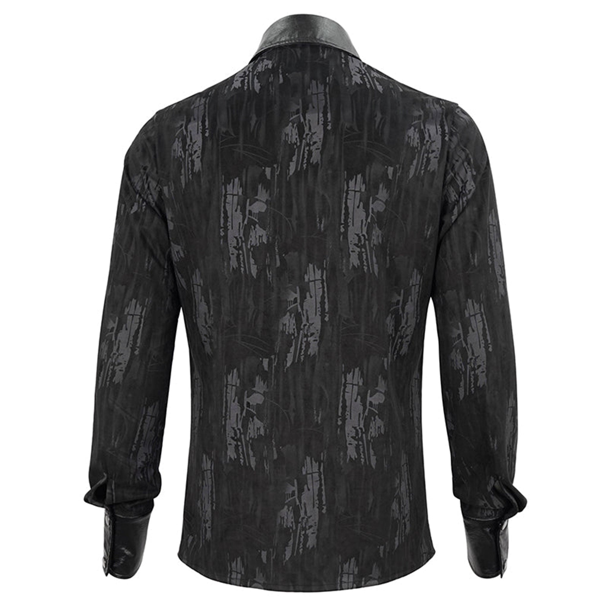 Polyester cotton leather vegan-leather synthetic-leather apparel top shirt dress-shirt long-sleeve longsleeve sleeves sleeved collared distressed-pattern chains hanging-chains removable detachable snap-button press-stud button-placket button-up fetish fashion alt-fashion goth gothic punk clubwear party costume cosplay halloween male masculine masc mens menswear guys dudes black