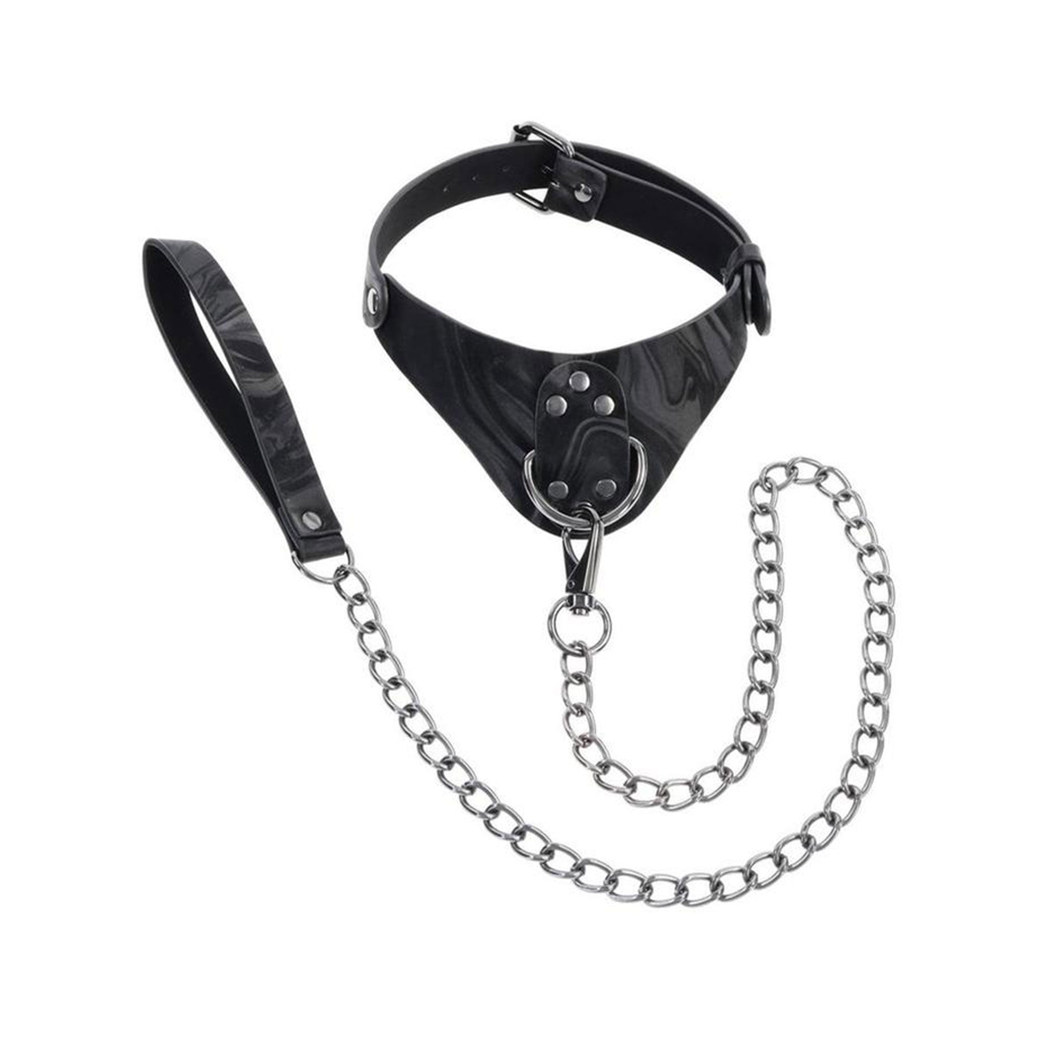 PU faux leather metallic chain hematite iron zinc alloy leash lead collar D-ring spring clip contoured ergonomic marbled adjustable buckle roller bondage restraints bdsm bdsm-play pet-play animal velvet noir accessories black