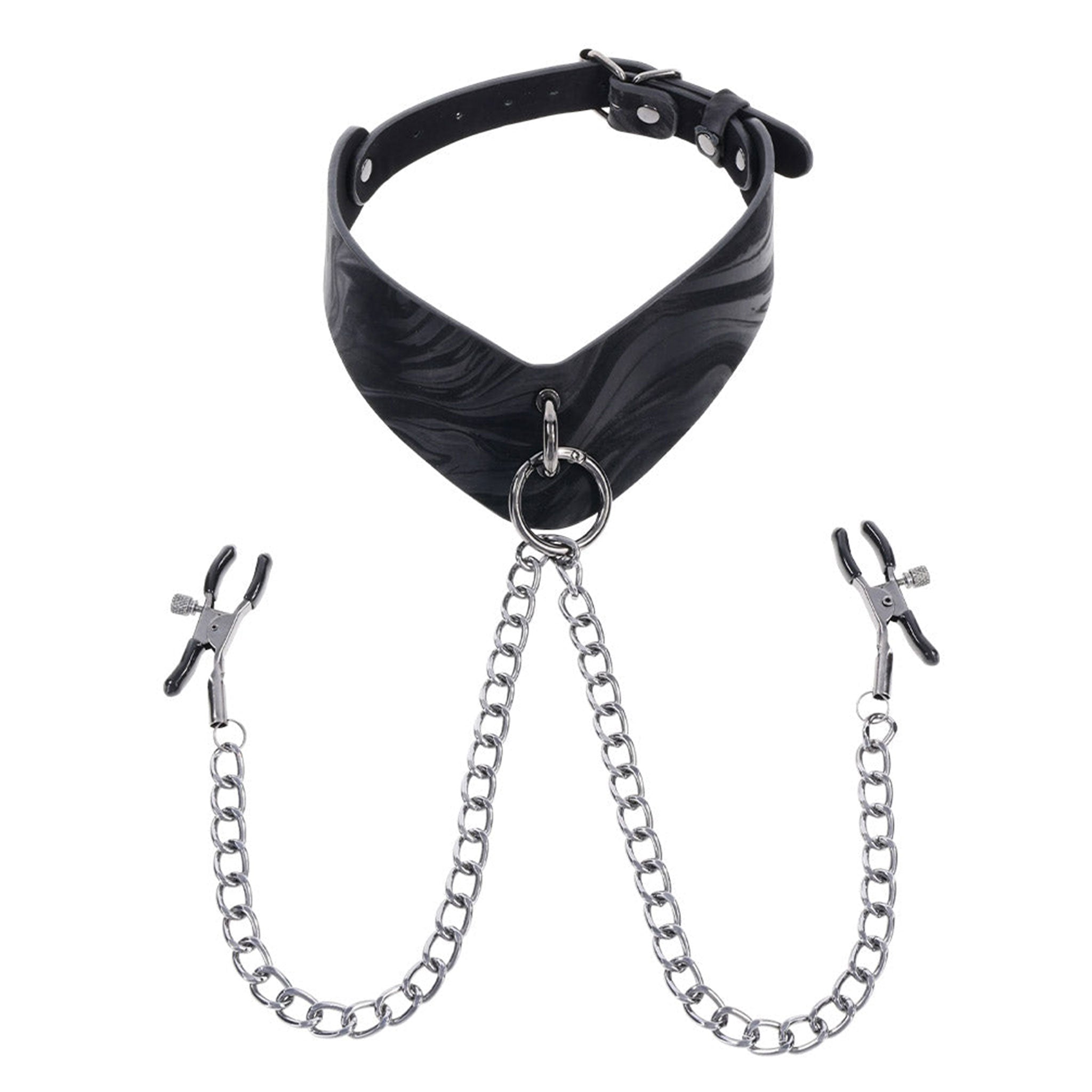 Faux leather PU angular contoured ergonomic collar posture-style posture removable O-ring hinged gate versatile adjustable buckle roller nipple clamp clamps screw capped hematite chain doorplate bondage bdsm bdsm-gear bdsm-play pet-play  nipple-play kink kinky kinky-play accessories velvet noir black