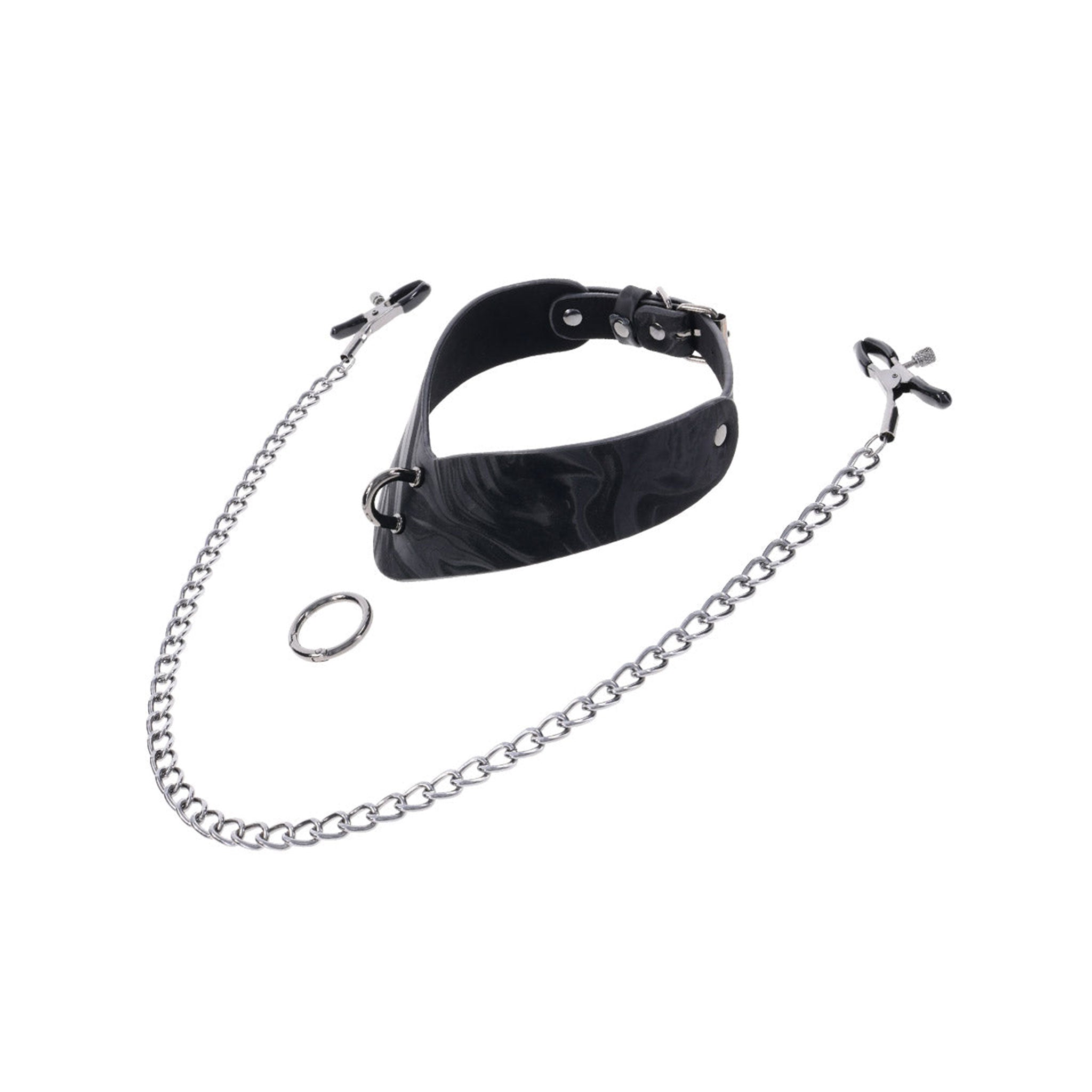 Faux leather PU angular contoured ergonomic collar posture-style posture removable O-ring hinged gate versatile adjustable buckle roller nipple clamp clamps screw capped hematite chain doorplate bondage bdsm bdsm-gear bdsm-play pet-play  nipple-play kink kinky kinky-play accessories velvet noir black