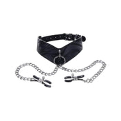 Faux leather PU angular contoured ergonomic collar posture-style posture removable O-ring hinged gate versatile adjustable buckle roller nipple clamp clamps screw capped hematite chain doorplate bondage bdsm bdsm-gear bdsm-play pet-play  nipple-play kink kinky kinky-play accessories velvet noir black