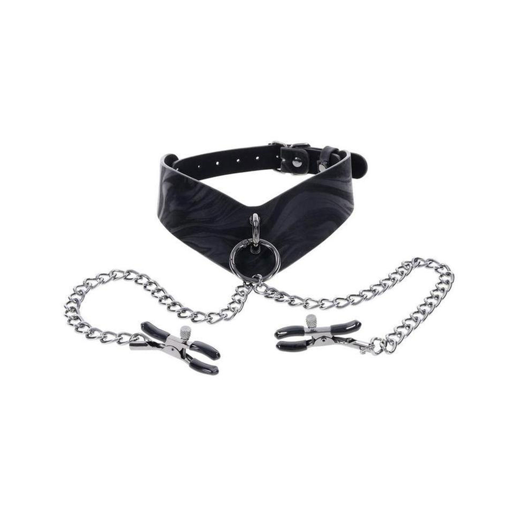 Faux leather PU angular contoured ergonomic collar posture-style posture removable O-ring hinged gate versatile adjustable buckle roller nipple clamp clamps screw capped hematite chain doorplate bondage bdsm bdsm-gear bdsm-play pet-play  nipple-play kink kinky kinky-play accessories velvet noir black