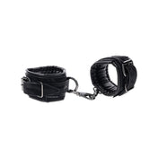 PU ironzing alloy restraints wrist cuffs handcuffs spring clip linking adjustable rolling buckle double layer padded bondage bdsm bdsm-gear D-ring fetish kink kinky kinky-play accessories black 