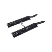PU ironzing alloy restraints wrist cuffs handcuffs spring clip linking adjustable rolling buckle double layer padded bondage bdsm bdsm-gear D-ring fetish kink kinky kinky-play accessories black 