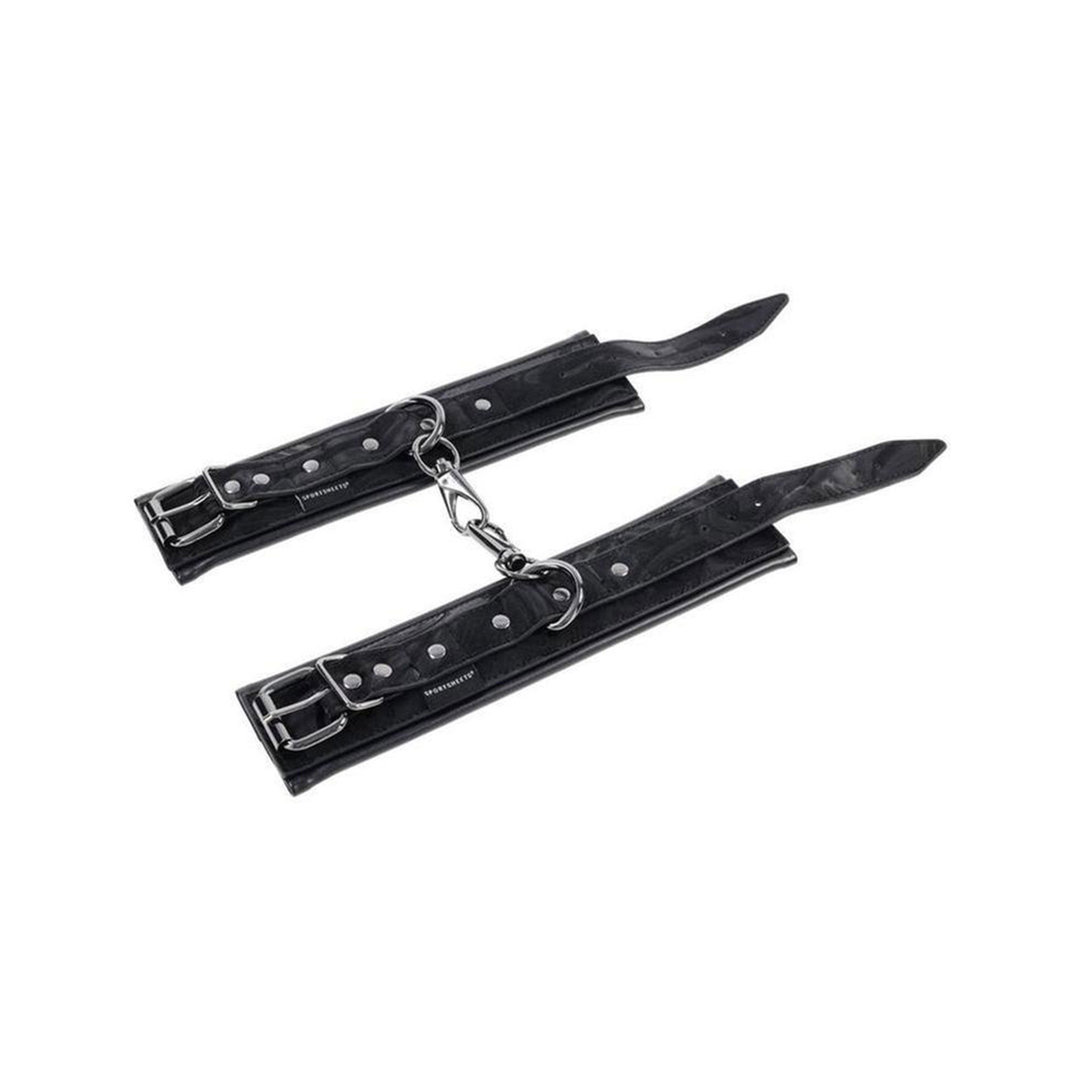 PU ironzing alloy restraints wrist cuffs handcuffs spring clip linking adjustable rolling buckle double layer padded bondage bdsm bdsm-gear D-ring fetish kink kinky kinky-play accessories black 