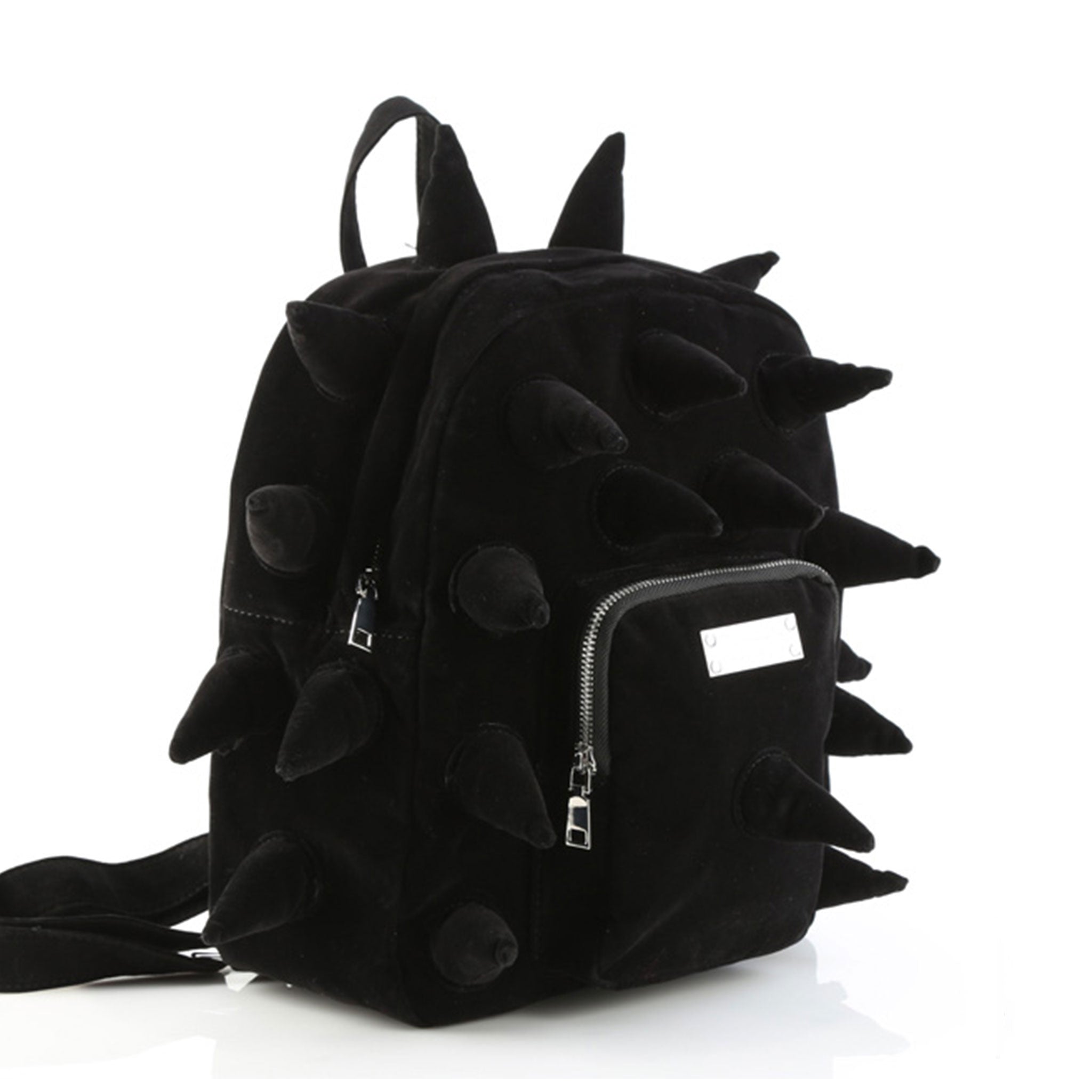 Velvet polyester accessories bags backpack mini-backpack spike spikes spiked cone-spike cone conical front-pocket zip-pocket zipper inner-pocket zip-closure shoulder-straps adjustable edgy soft bold statement attitude practical fierce luxury luxe fashion alt-fashion goth gothic edgy costume cosplay halloween unisex black