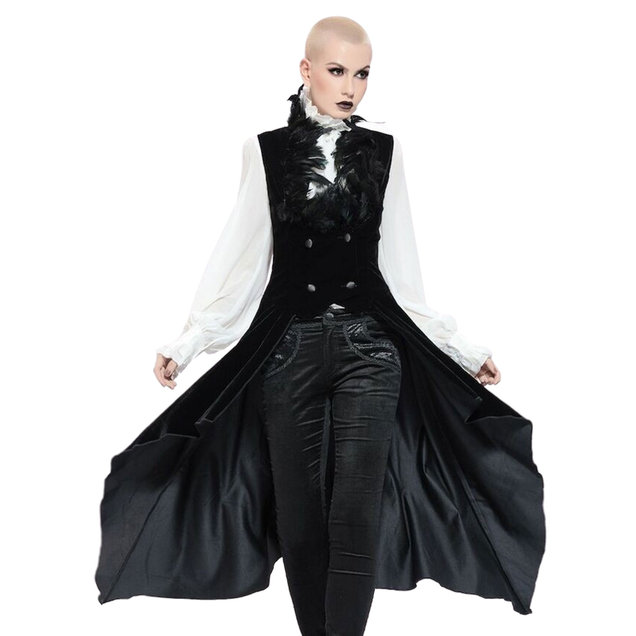 Velvet satin satin-lined feathers top vest long-coat sleeveless outerwear feather-collar long-tails double-breasted swallow-tail night enveloping goth gothic amazing macabre pirate costume cosplay fetish fashion alt-fashion striking female femme feminine women black 