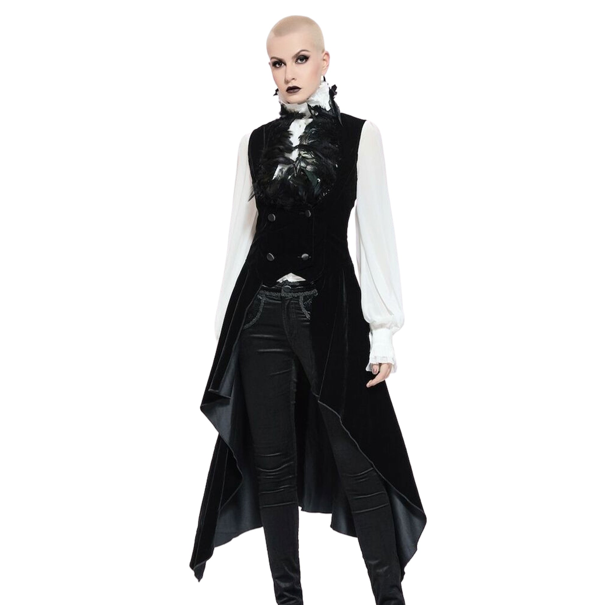 Velvet satin satin-lined feathers top vest long-coat sleeveless outerwear feather-collar long-tails double-breasted swallow-tail night enveloping goth gothic amazing macabre pirate costume cosplay fetish fashion alt-fashion striking female femme feminine women black 