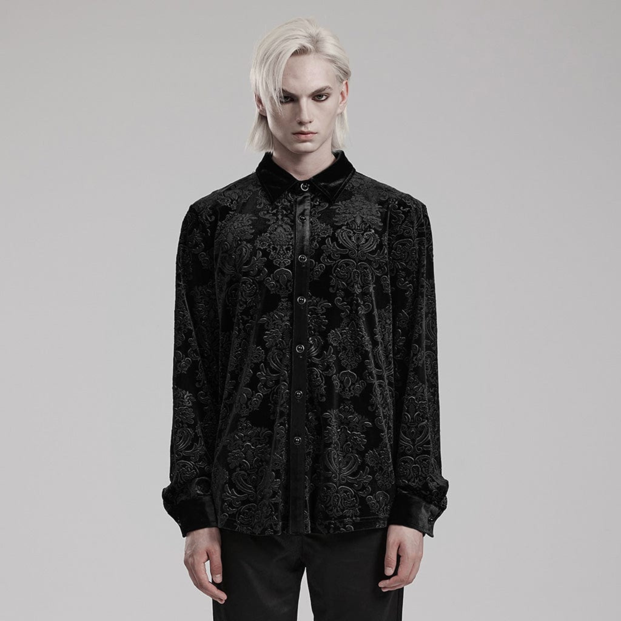 velveteen gothic men’s shirt embossed velvet fabric gothic patterned shirt ornate buttons victorian gothic fashion alternative menswear fetish factory