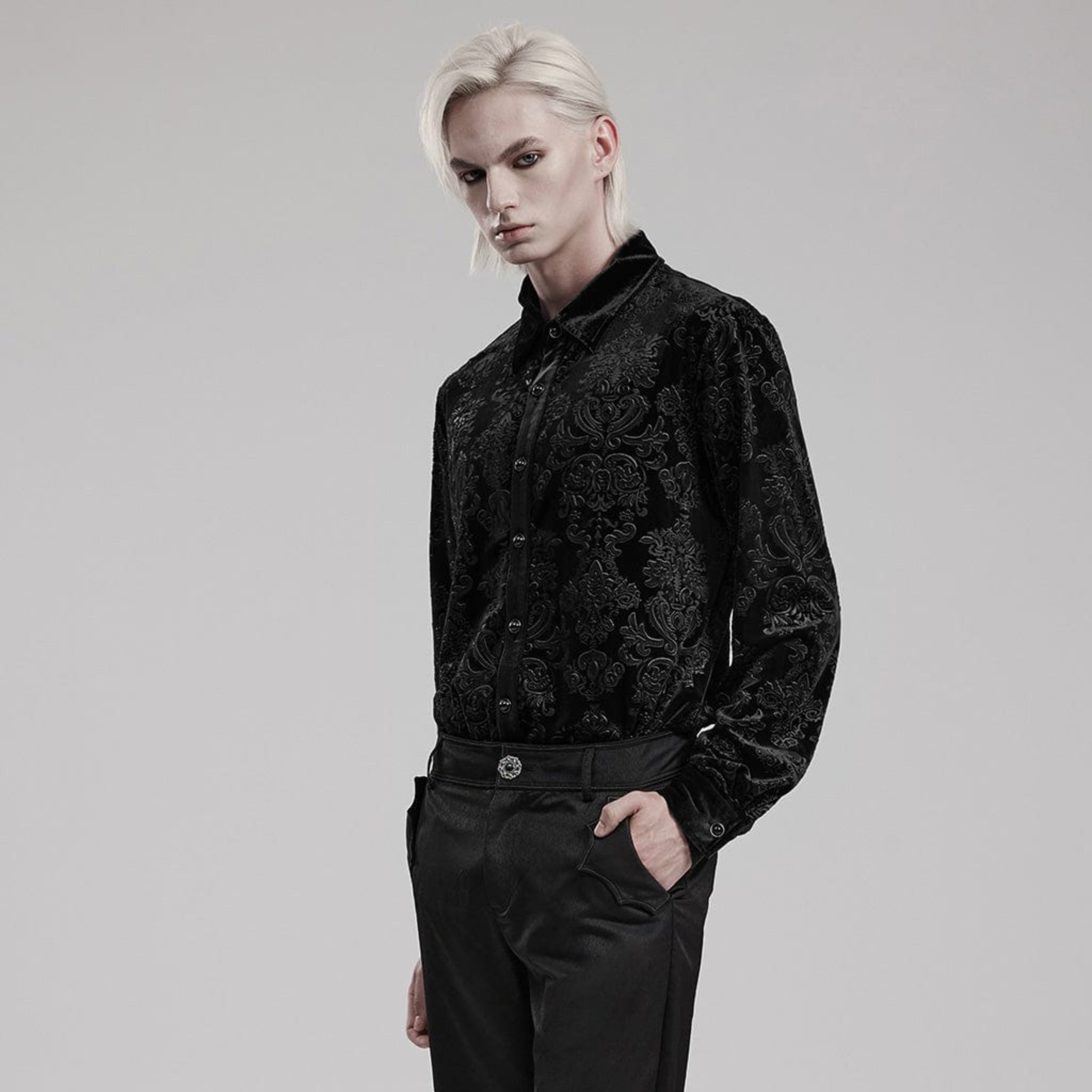 velveteen gothic men’s shirt embossed velvet fabric gothic patterned shirt ornate buttons victorian gothic fashion alternative menswear fetish factory