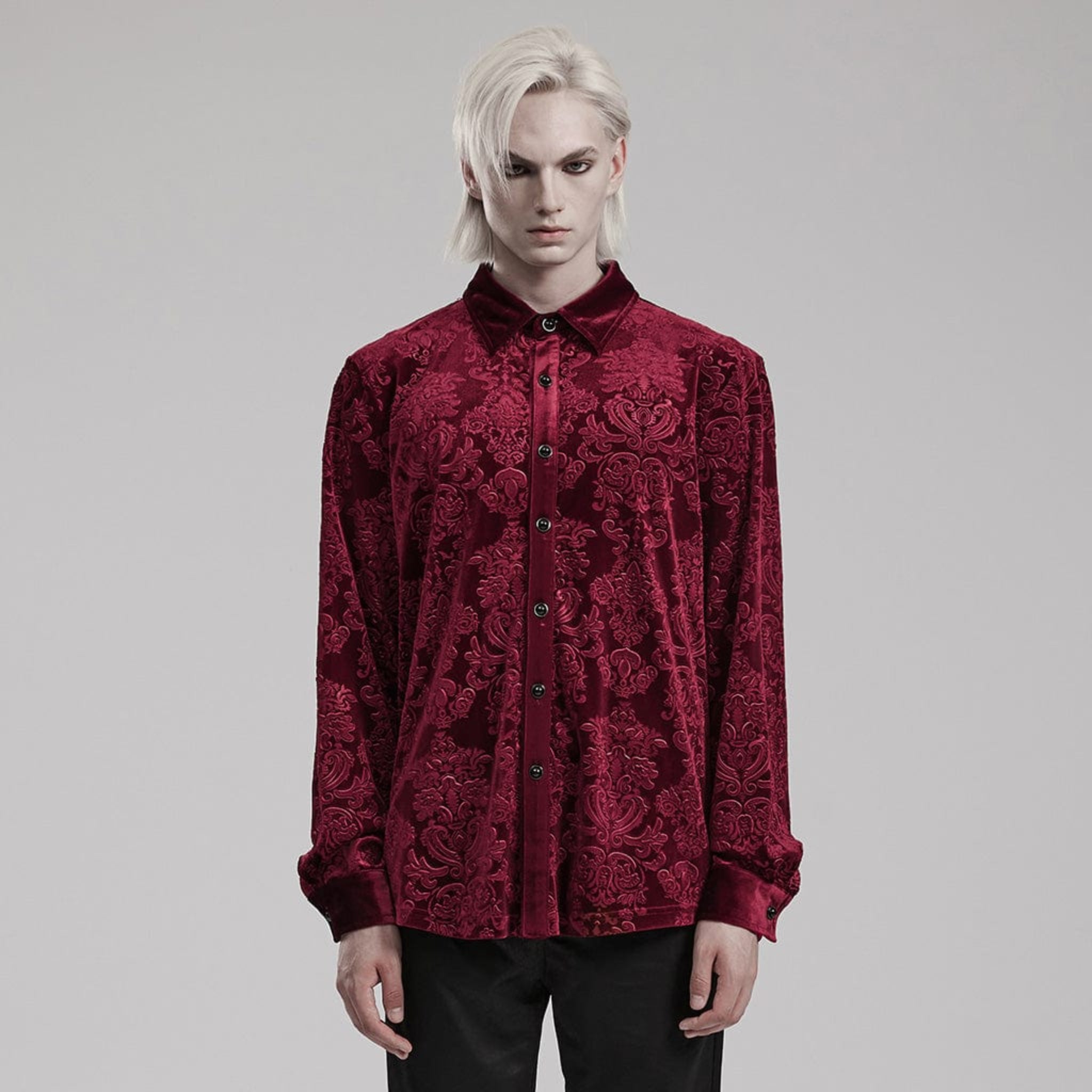 velveteen gothic men’s shirt embossed velvet fabric gothic patterned shirt ornate buttons victorian gothic fashion alternative menswear fetish factory