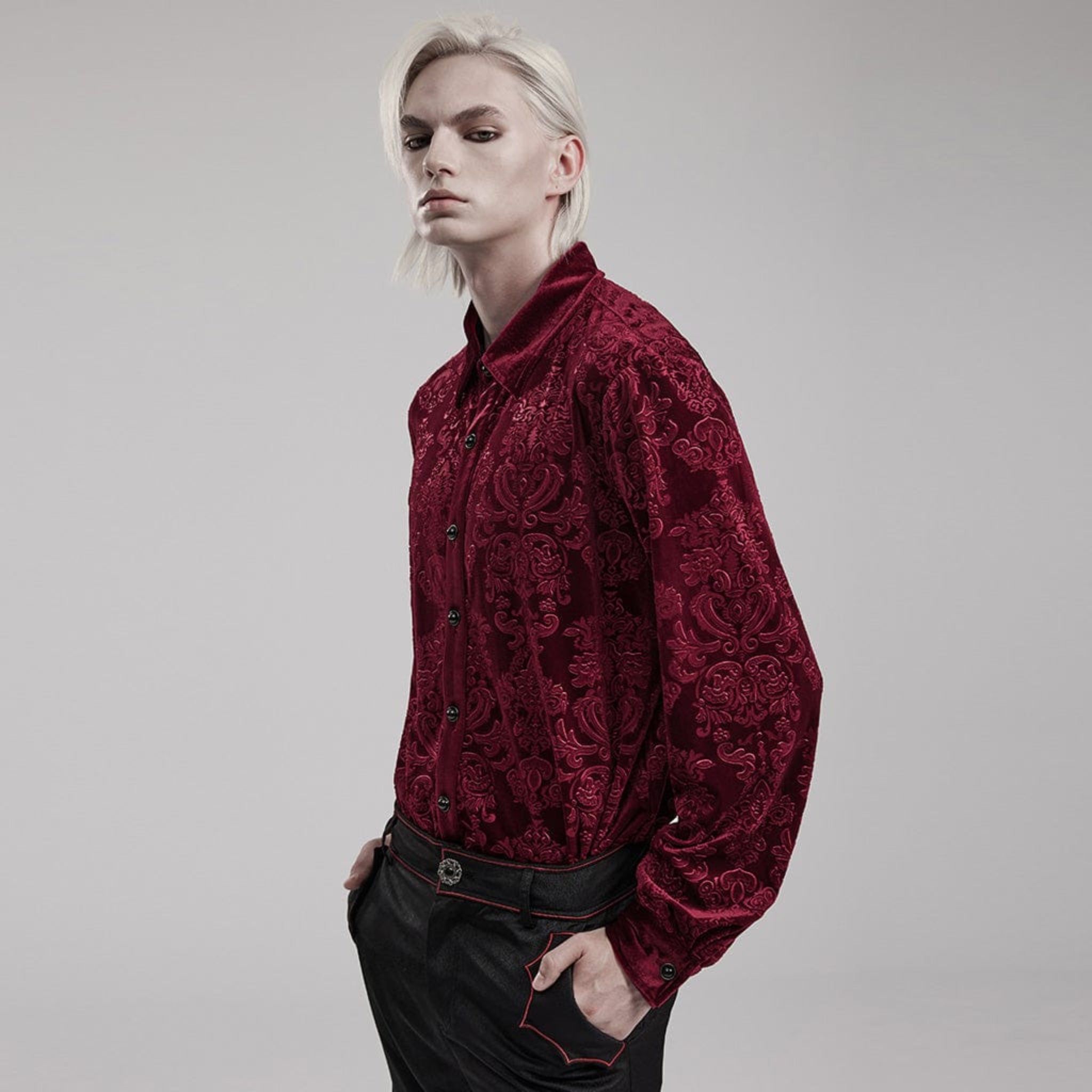 velveteen gothic men’s shirt embossed velvet fabric gothic patterned shirt ornate buttons victorian gothic fashion alternative menswear fetish factory